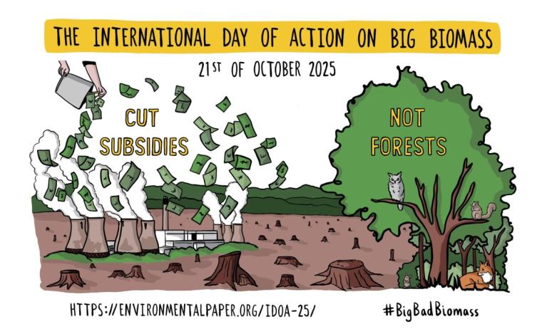 Drawing for the International Day of Action on Big Biomass, 21st October 2025. Dollar bills are poured from buckets on powerstations that are surrounded by tree stumps. An owl sits on a single tree on the side. Link to https://environmentalpaper.org/idoa-25.