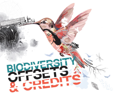 A drawing of a colibri with a human face on its body, insects, fish and leaves attached to its tail, and a lorry balancing on its beak. The text reads Biodiversity Offsets and Credits.